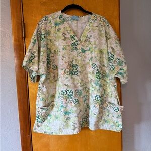 Floral Green and White Women's Scrub Top